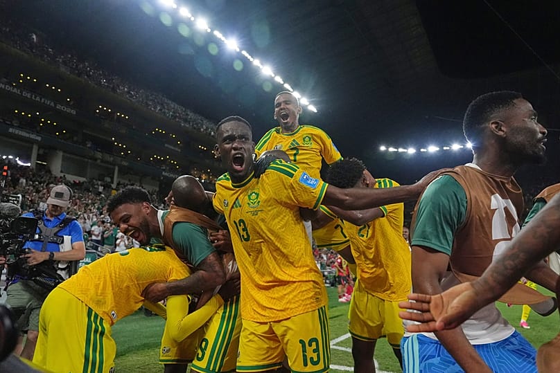 Thapelo Maseko celebrates with teammates after scoring his side's goal during the World Cup Group A match against South Korea in Guadalupe, Mexico, Wednesday, June 24, 2026