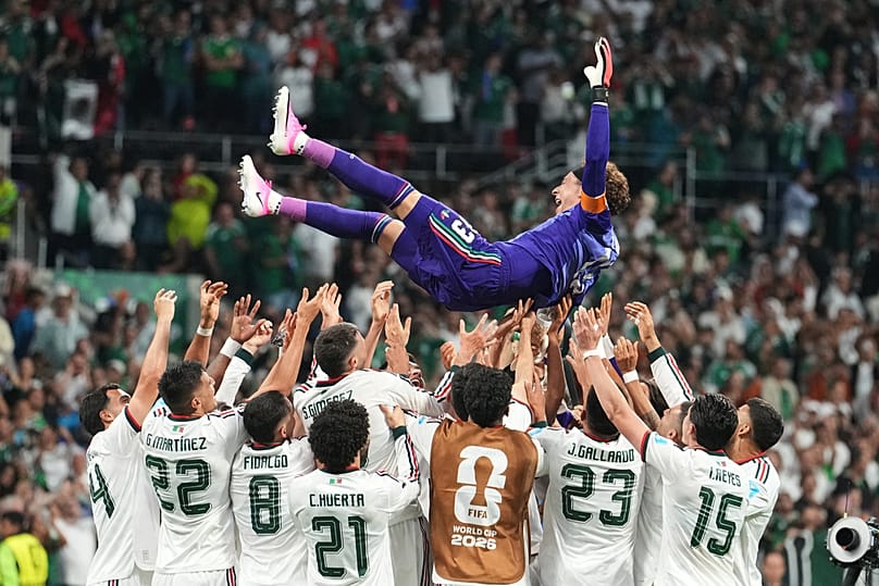 Mexico goalkeeper Guillermo Ochoa celebrates with teammates following the World Cup Group A match against Czechia in Mexico City, Wednesday, June 24, 2026