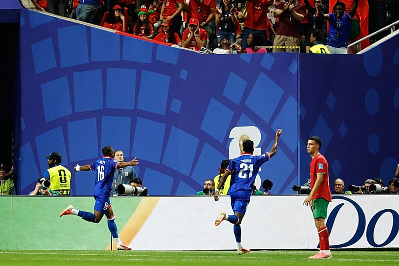 Haiti's Lenny Joseph celebrates after Morocco goalkeeper Yassine Bounou scored an own goal during the World Cup Group C match in Atlanta, Wednesday, June 24, 2026