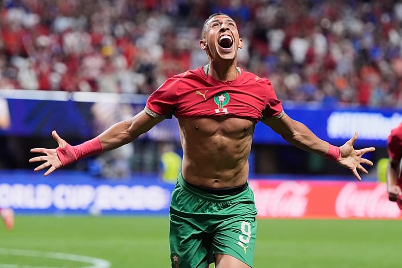 Morocco's Soufiane Rahimi celebrates after scoring their third goal during the World Cup Group C match against Haiti in Atlanta, Wednesday, June 24, 2026