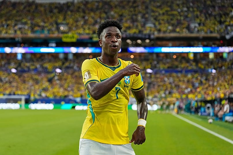Brazil's Vinicius Jr celebrates after scoring his side's second goal during the World Cup Group C match against Scotland in Miami Gardens, Florida, Wednesday, June 24, 2026