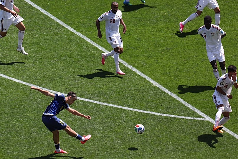 Bosnia's Kerim Alajbegovic scores during the World Cup Group B match against Qatar in Seattle, Wednesday, June 24, 2026