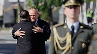 Ukraine's President Volodymyr Zelensky greets Poland's Prime Minister Donald Tusk in Kyiv, Ukraine, 10 May, 2025.
