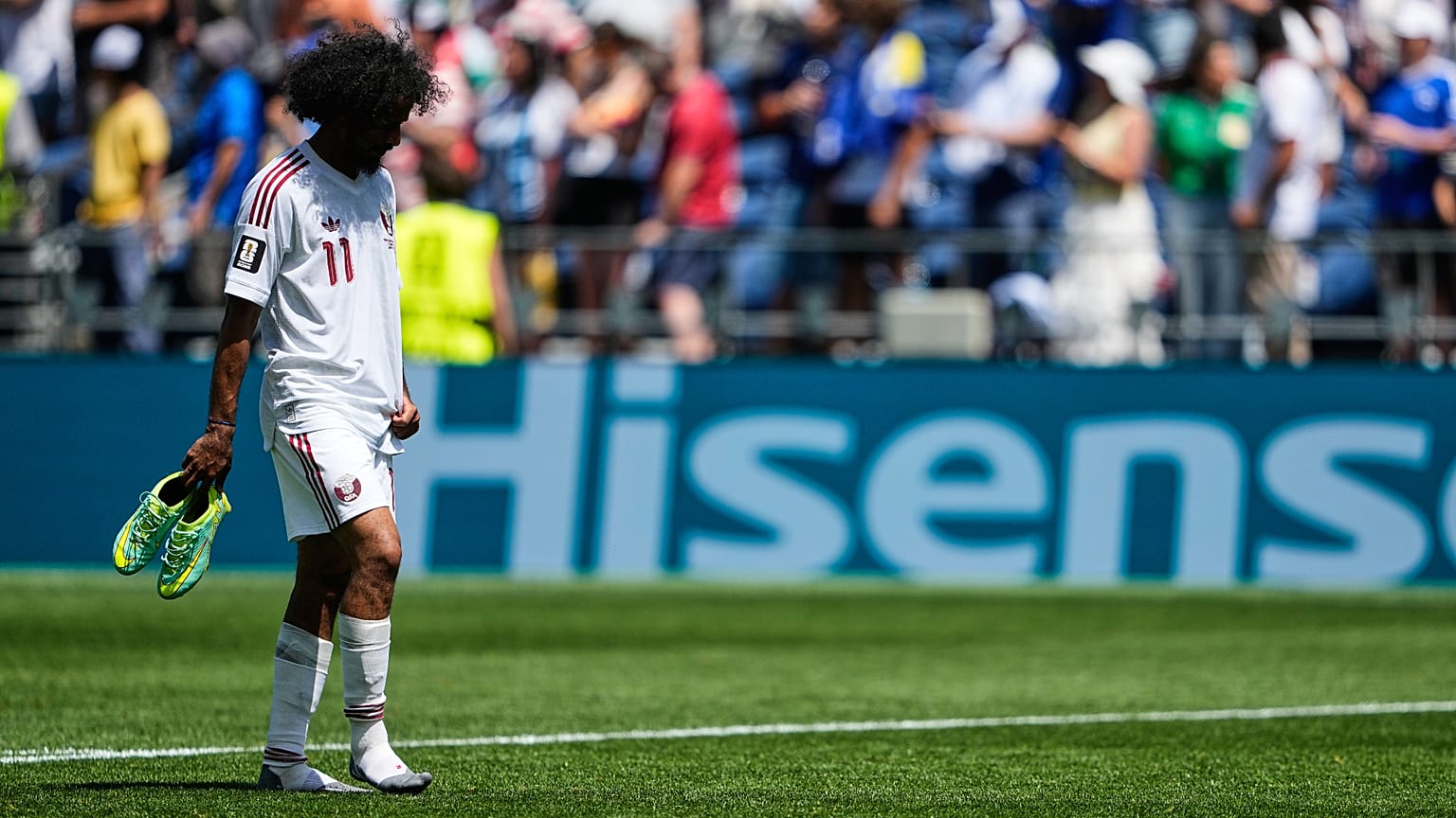 Qatar's Akram Afif leaves the field following his team's loss to Bosnia in the World Cup Group B soccer match in Seattle, Wednesday, June 24, 2026