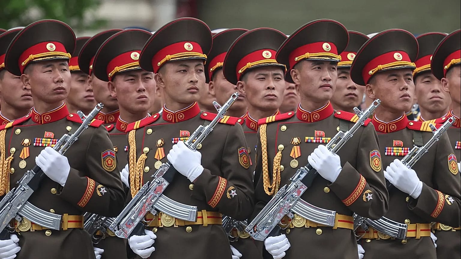 North Korea's servicemen attend the Victory Day military parade in Moscow, Saturday, May 9, 2026.