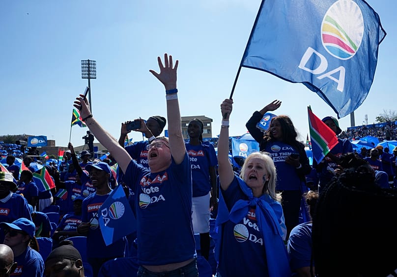 Supporters of the main opposition Democratic Alliance (DA) party attend a final election rally, in Benoni, South Africa, on May 26, 2024. 