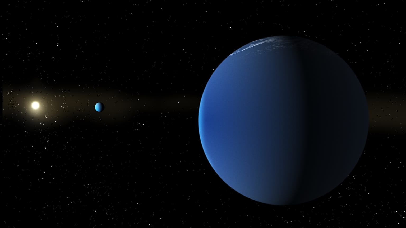 Cette illustration de la NASA montre l'étoile semblable au Soleil TOI-791, à gauche, et deux planètes géantes découvertes dans son orbite par le télescope spatial TESS.