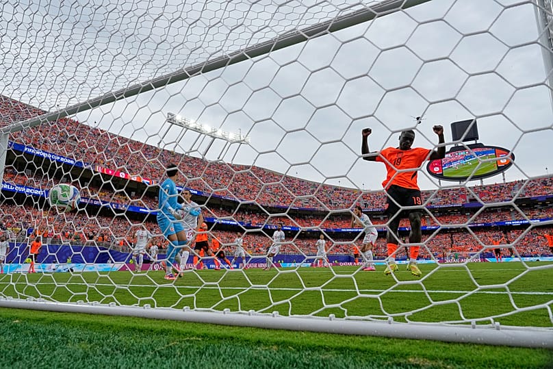 Netherlands' Brian Brobbey celebrates after Tunisia's Ellyes Skhiri scored an own goal during the World Cup Group F match in Kansas City, Mo, Thursday, June 25, 2026