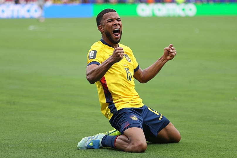 Ecuador's Pedro Vite celebrates Gonzalo Plata scoring his side's second goal against Germany during a World Cup Group E match in East Rutherford, NJ, Thursday, June 25, 2026