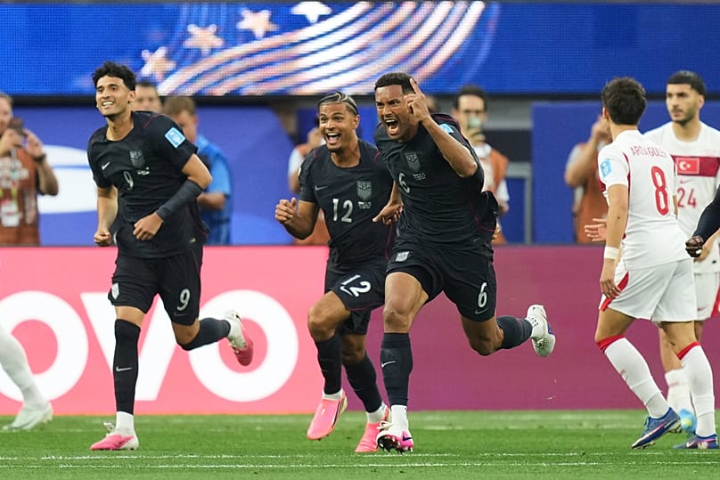 United States' Auston Trusty celebrates scoring his side's first goal against Turkey during the World Cup Group D match in Inglewood, California, Thursday, June 25, 2026