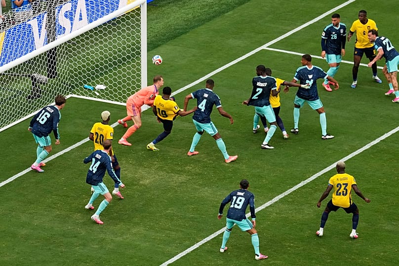 Ecuador's Gonzalo Plata scores a go-ahead goal on Germany goalkeeper Manuel Neuer during the World Cup Group E match in East Rutherford, NJ, Thursday, June 25, 2026