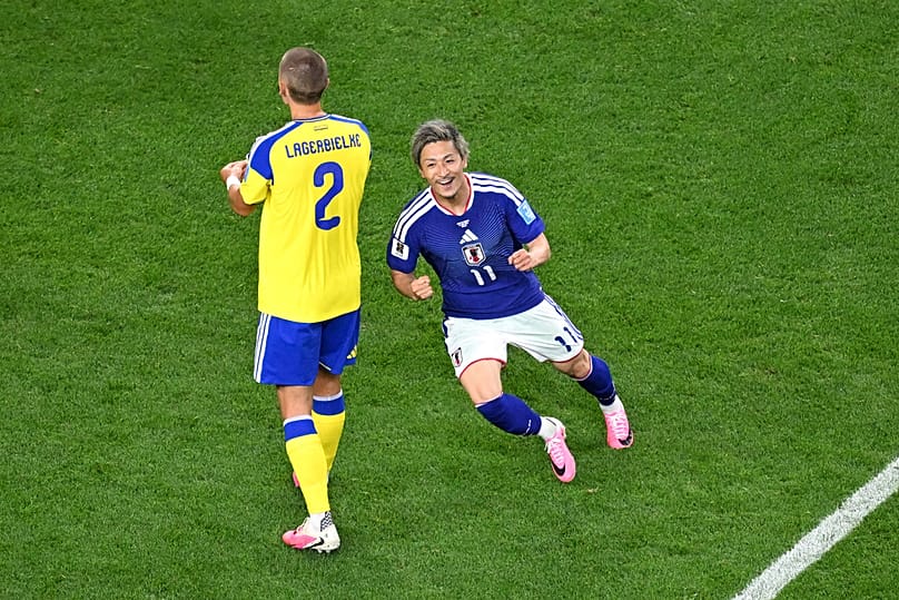 Japan's Daizen Maeda celebrates after scoring their opening goal during the World Cup Group F match between Japan and Sweden in Arlington, Texas, Thursday, June 25, 2026