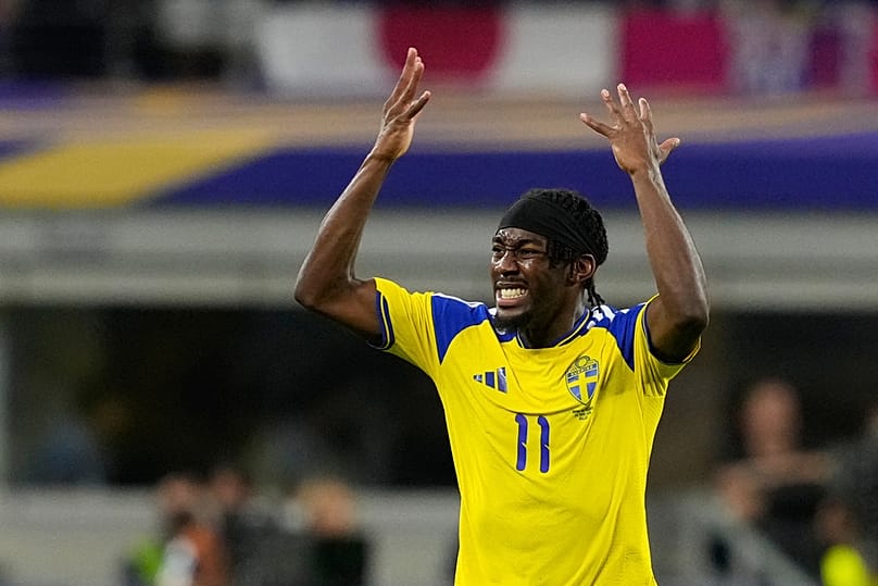 Sweden's Anthony Elanga celebrates scoring his side's opening goal against Japan during the World Cup Group F match in Arlington, Texas, near Dallas, Thursday, June 25, 2026