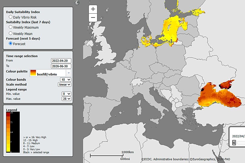Mappa delle previsioni di Vibrio in Europa dell’ECDC per i prossimi 5 giorni