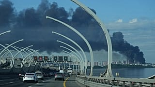 FILE: A plume of black smoke is seen over the port of St. Petersburg, Russia, June 3, 2026, after a Ukrainian drone attack.