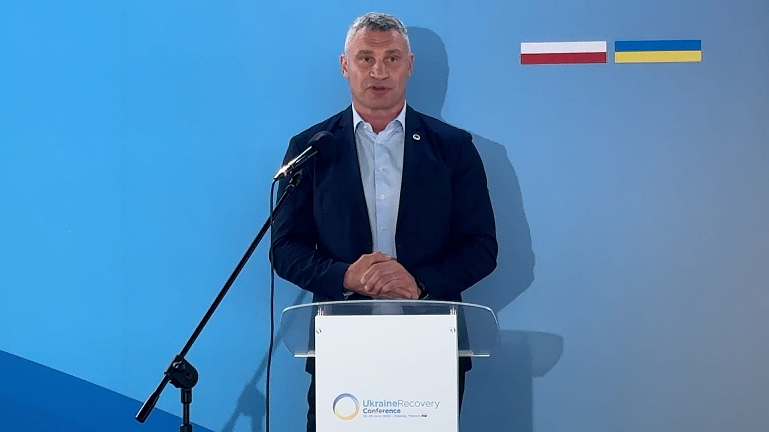 Witalij Kliczko na briefingu prasowym na Konferencji Odbudowy Ukrainy (URC) w Gdańsku, 26.06.2026