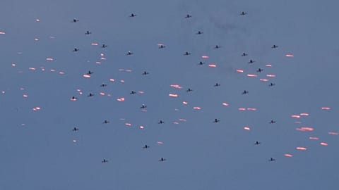 A coordinated swarm of drones advances during a South Korean Air Force exercise on June 23, 2026.