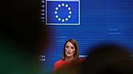 European Parliament President Roberta Metsola talks to journalists during a news conference in Brussels.