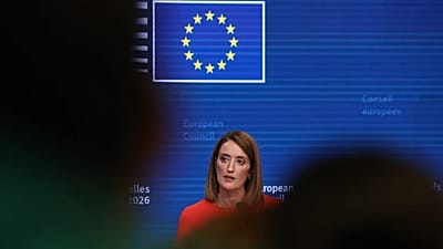 European Parliament President Roberta Metsola talks to journalists during a news conference in Brussels.