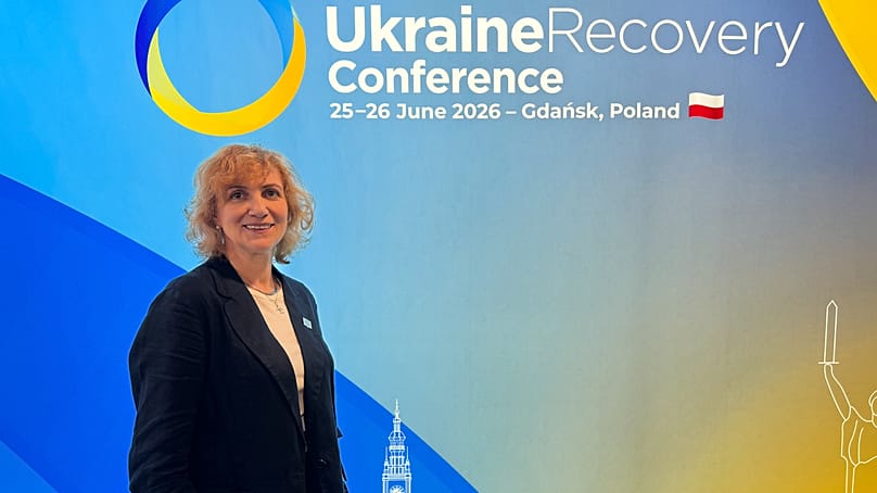 Inna Pidluska z fundacji International Renaissance Foundation na Konferencji Odbudowy Ukrainy w Gdańsku, 26.06.2026 r.