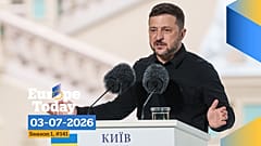 Prezydent Ukrainy Wołodymyr Zełenski rozmawia z dziennikarzami podczas wspólnej konferencji prasowej z sekretarzem generalnym NATO, Markiem Rutte, w Kijowie.