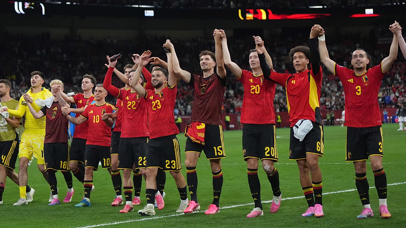Belgium celebrates the win over New Zealand after their World Cup Group G soccer match in Vancouver, British Columbia, Friday, June 26, 2026.