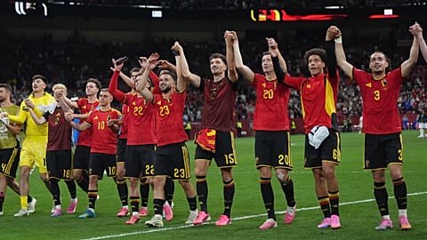 Belgium celebrates the win over New Zealand after their World Cup Group G soccer match in Vancouver, British Columbia, Friday, June 26, 2026.