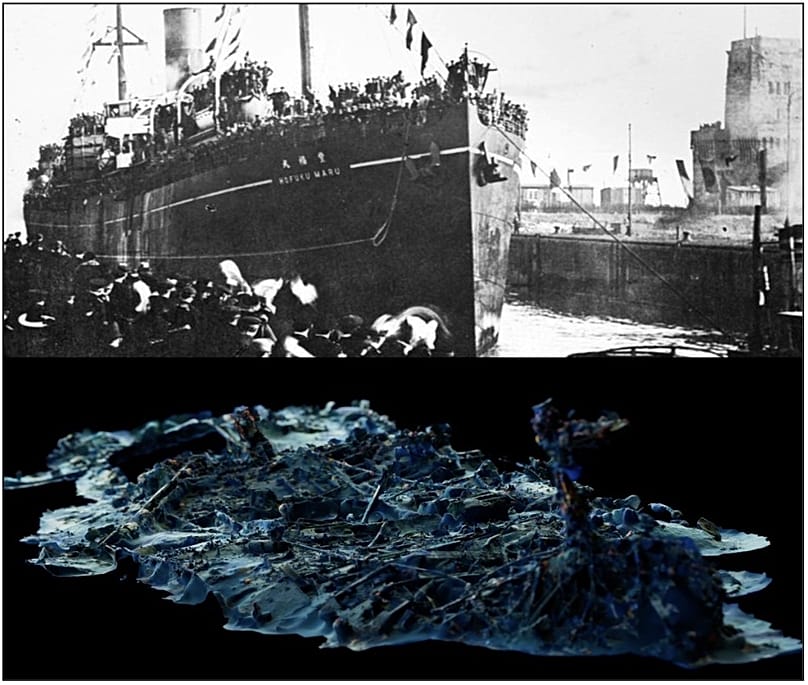 Geminin görüntüsü ve bugün deniz dibindeki hâlini gösteren bir fotogrametri.