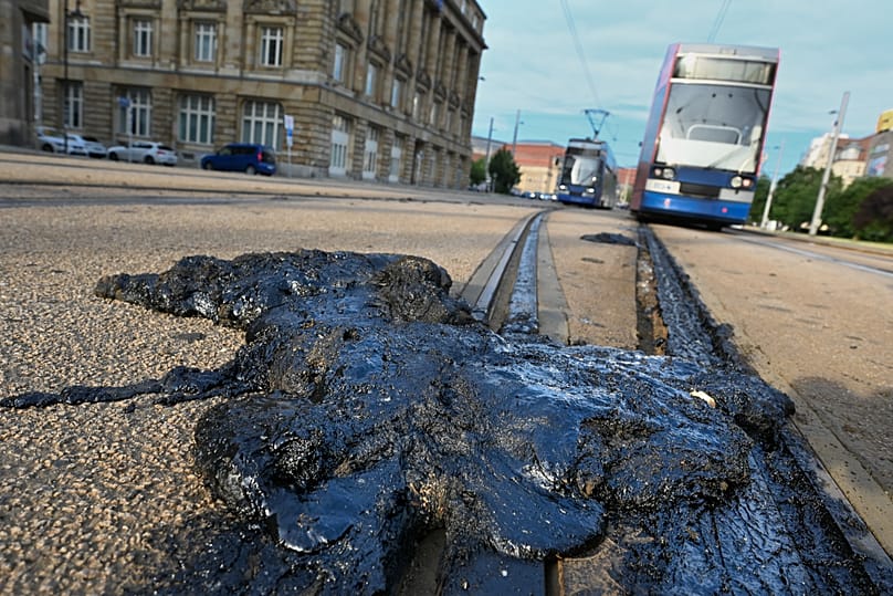 The prolonged heatwave with extremely high temperatures caused significant damage to the tram infrastructure in Leipzig on Saturday, 27 June 2026.