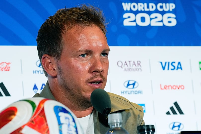 Bundestrainer Julian Nagelsmann in der Pressekonferenz vor dem Spiel gegen Paraguay, Foxborough bei Boston, 28. Juni 2026 (AP Photo/Martin Meissner)
