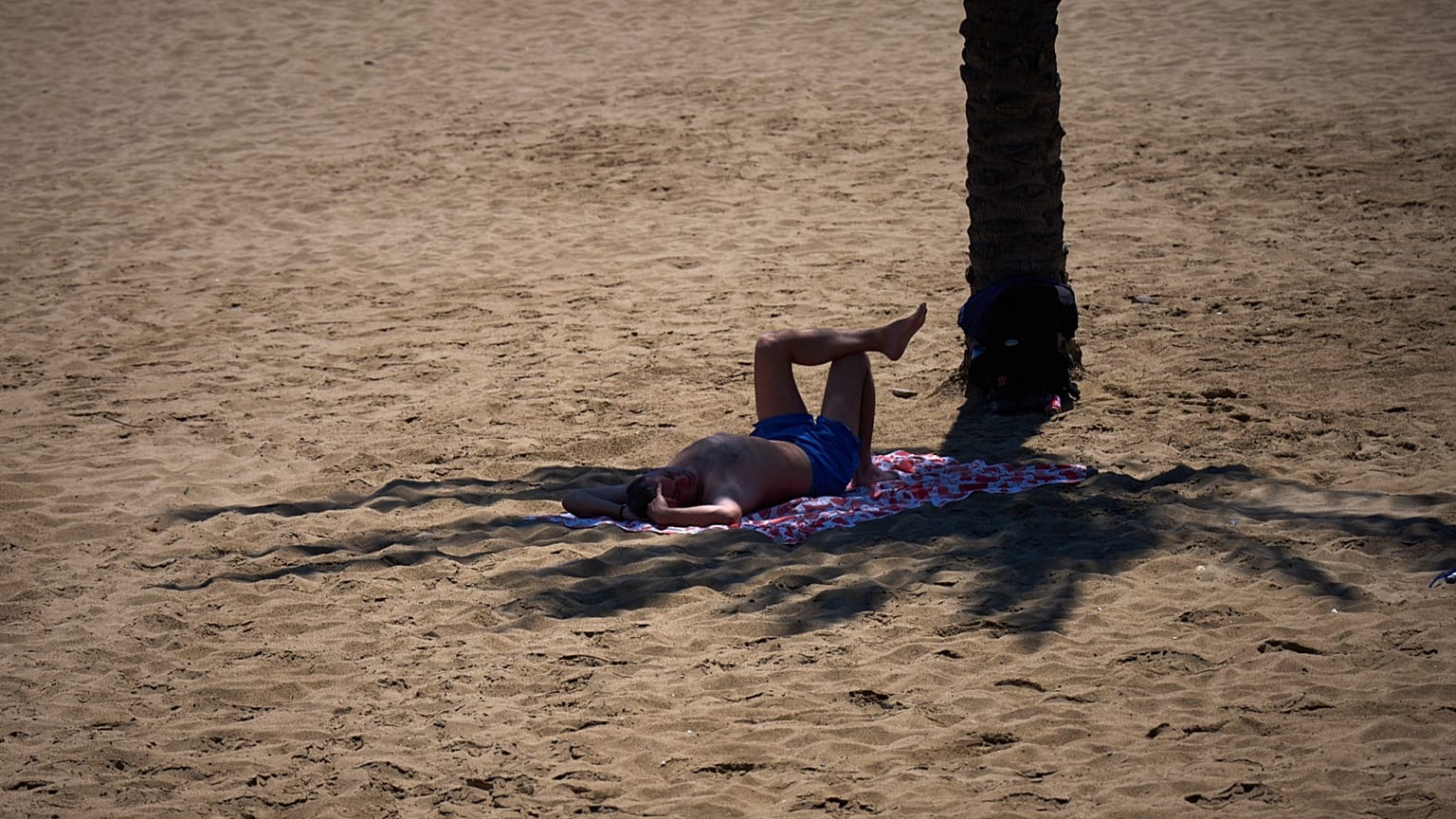 Um homem protege-se do sol à sombra de uma palmeira numa praia de Barcelona, Espanha, na quarta-feira, 27 de maio de 2026