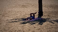 A man shelters from the sun in the shade of a palm tree on a beach in Barcelona, Spain, on Wednesday 27 May 2026.