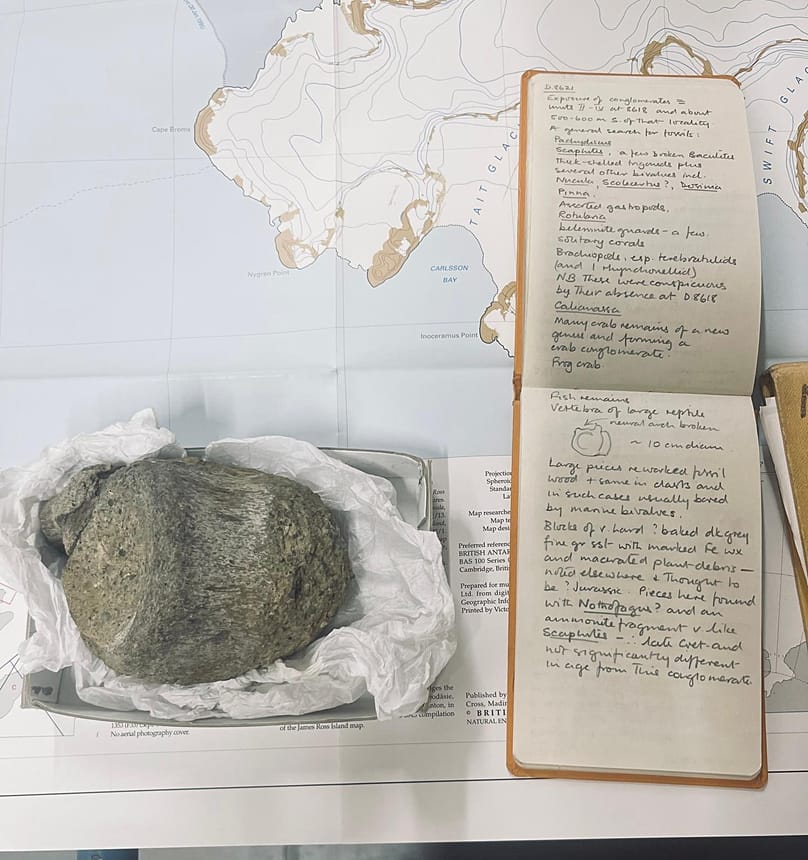 El cuaderno de campo geológico de 1985 perteneciente a Thomson, del British Antarctic Survey, junto a la primera vértebra fósil de dinosaurio encontrada en la Antártida.
