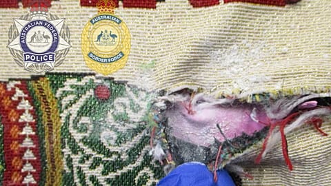 A tote bag with part of a heroin seizure at Melbourne Airport, 25 June, 2026