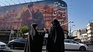 Banner depicting slain Iranian Supreme Leader Ayatollah Ali Khamenei kissing the head of late commander of the IRGC's Quds Force, Gen. Qassem Soleimani, 29June 2026.
