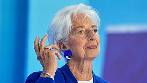 President of European Central Bank Christine Lagarde addresses the media during a press conference after an ECB's governing council meeting in Frankfurt, Germany, Thursday, Ju