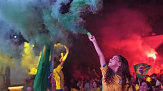 Brazil supporters celebrate after their team's first goal against Japan in Jabal Mohsen, Tripoli, northern Lebanon, June 29, 2026.