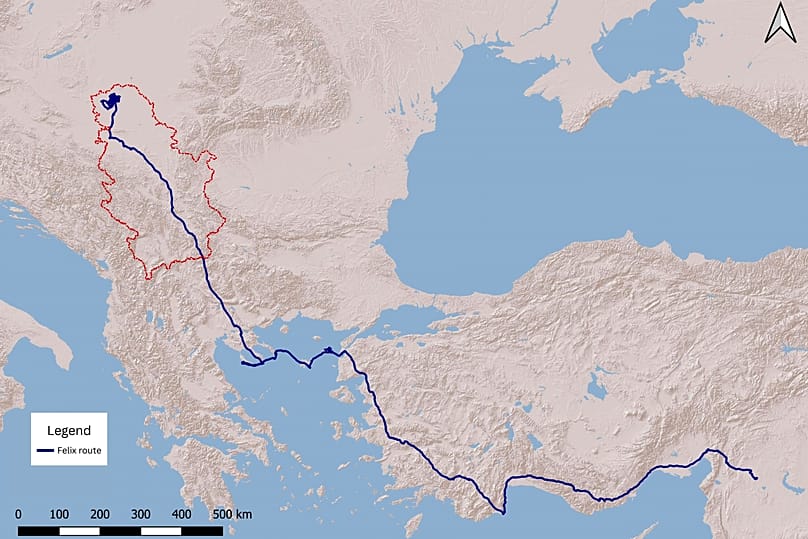 This graphic, made available by the BPSSS, shows a map of the flight route taken by Feliks