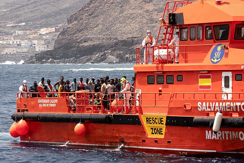 Migrants disembark at the port of on "La Estaca" in Valverde at the Canary island of El Hierro, 26 August, 2024