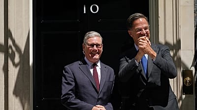 Britain's Prime Minister Keir Starmer welcomes NATO Secretary General Mark Rutte to 10 Downing Street in London, Monday, June 29, 2026.