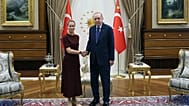 Turkish President Recep Tayyip Erdoğan shakes hands with top EU diplomat Kaja Kallas during a meeting in Ankara, Turkey.