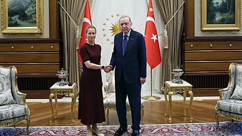 Turkish President Recep Tayyip Erdoğan shakes hands with top EU diplomat Kaja Kallas during a meeting in Ankara, Turkey.
