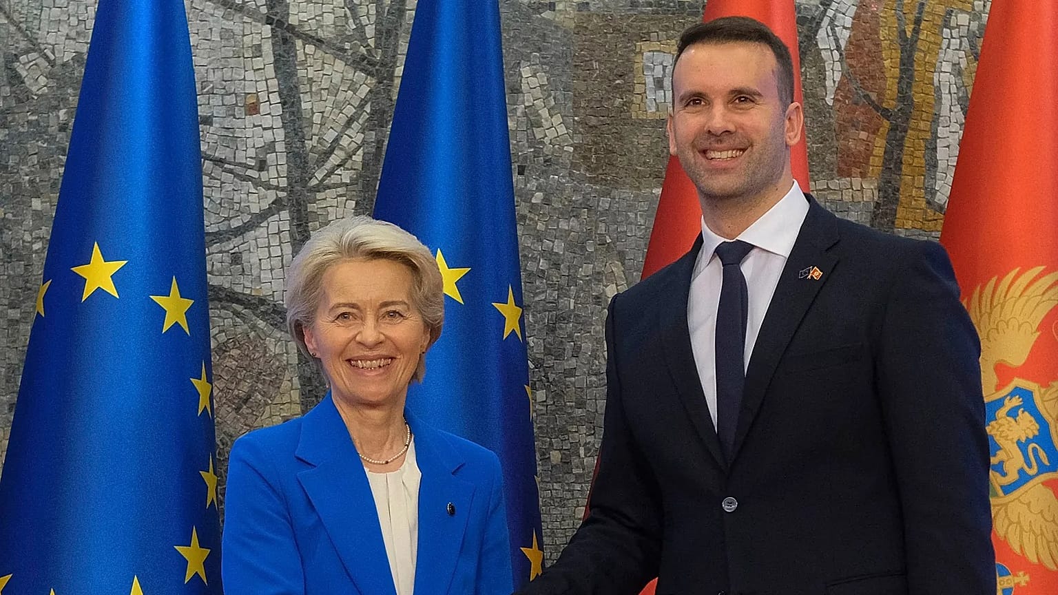 Montenegro's Prime Minister Milojko Spajic, right, shakes hands with European Commission President Ursula von der Leyen in Podgorica, Montenegro, Saturday, 26 October, 2024.