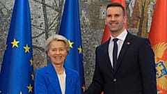 Montenegro's Prime Minister Milojko Spajic, right, shakes hands with European Commission President Ursula von der Leyen in Podgorica, Montenegro, Saturday, 26 October, 2024.