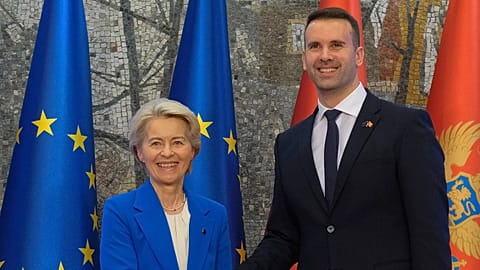 Montenegro's Prime Minister Milojko Spajic, right, shakes hands with European Commission President Ursula von der Leyen in Podgorica, Montenegro, Saturday, 26 October, 2024.