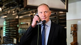 Jarkko Saarimaki, head of the Finnish communications agency Traficom, is the last person to pick up a phone call by Elisa CEO Topi Manner in Helsinki. June 30, 2026