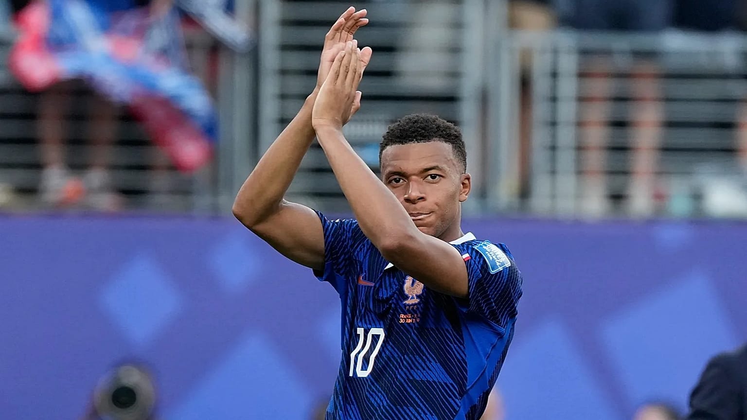 France's Kylian Mbappe waves at the end of the World Cup round of 32 soccer match between France and Sweden in East Rutherford, N.J., near New York, Tuesday, June 30, 2026