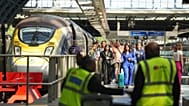 Passengers arrive by train at the Eurostar terminal at St. Pancras station in central London, Friday July 26, 2024.