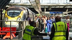 Passengers arrive by train at the Eurostar terminal at St. Pancras station in central London, Friday July 26, 2024.