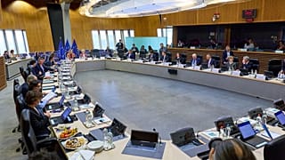 European Commission President Ursula von der Leyen and the members of the College of the EU Commission at a weekly meeting in Brussels.